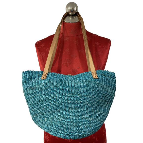 Unique Woven Bucket Market Bag Tote Purse Aqua Blue Shoulderbag Leather Straps - Picture 3 of 8
